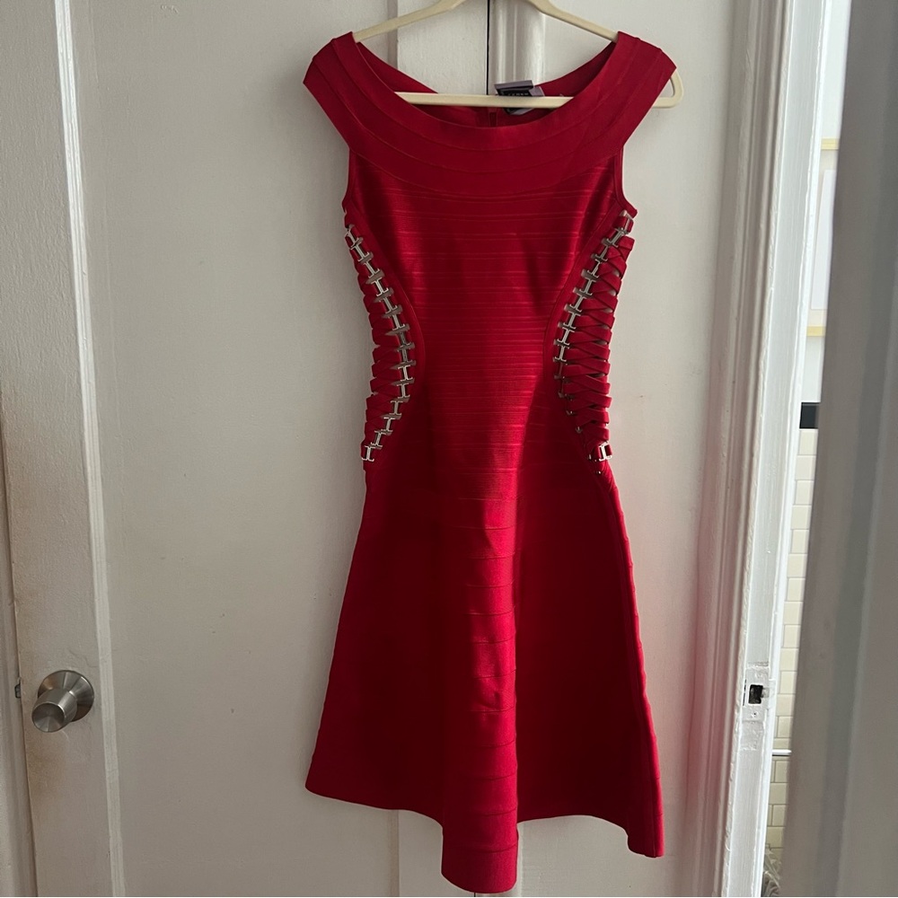 HERVE LEGER Alyse Bandage A Line Knee Length Dress S 4 Lipstick Red Buckle Side